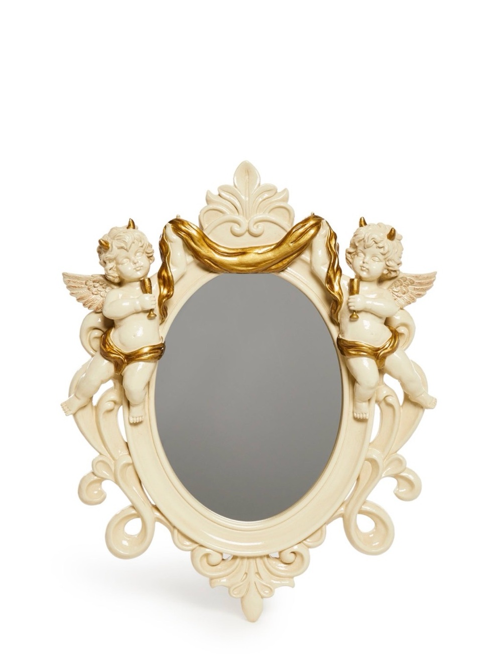 Ornate Cherub Oval Wall Mirror in Cream and Gold